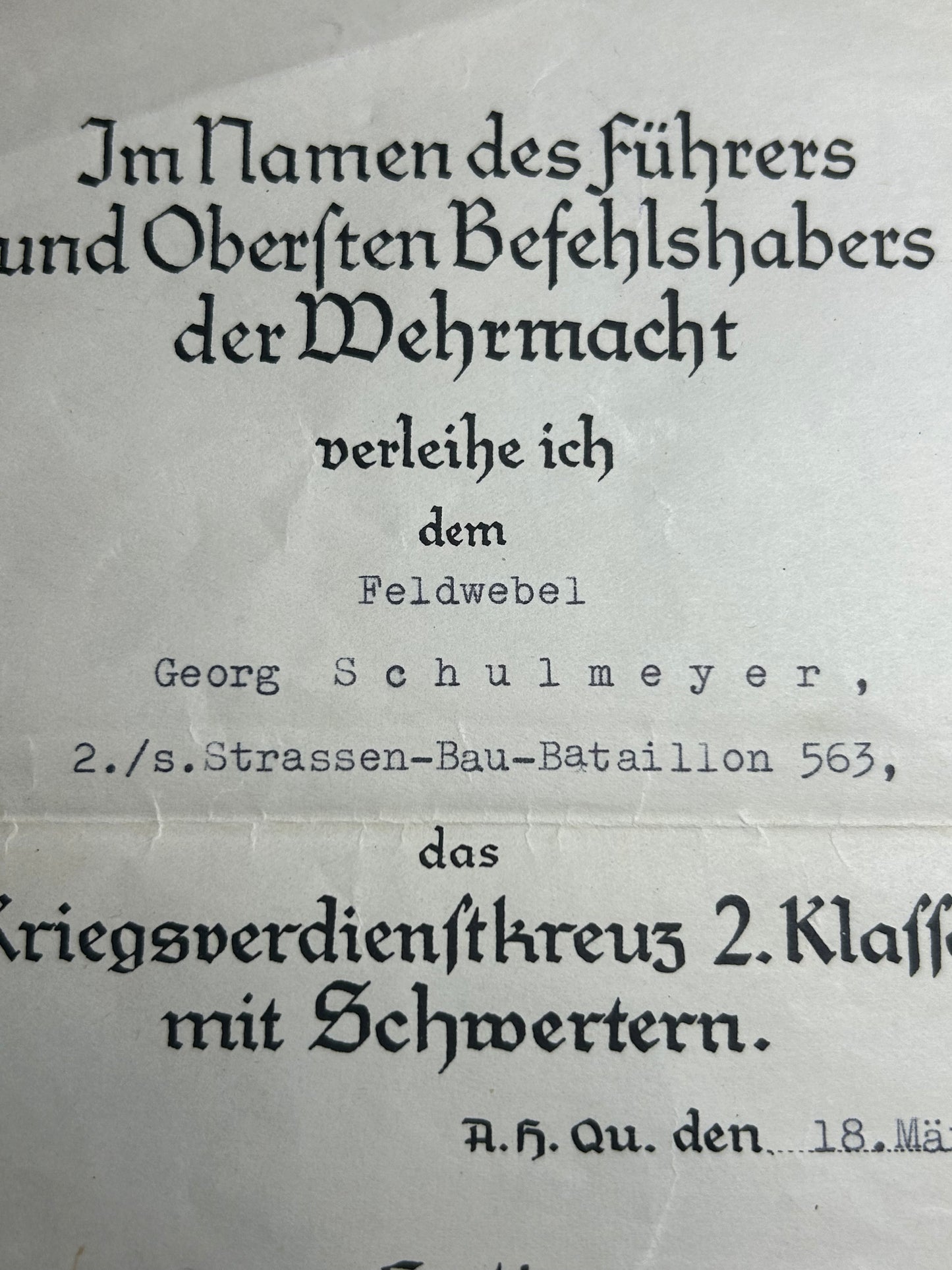 German WW2 Medal grouping named to Georg Schulmeyer 563rd Straßen Bau battalion (Road construction) Signed by General Wiktorin