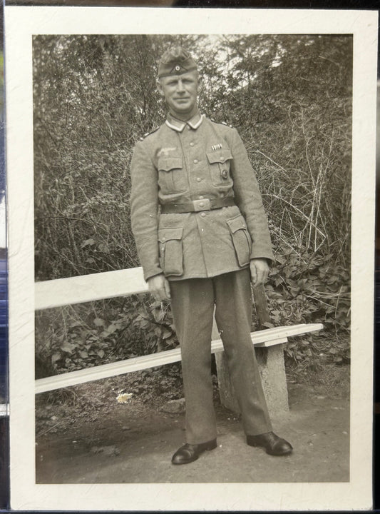 German WWII Photo Wehrmacht Soldier Standing Nice Badge & Ribbon Bar