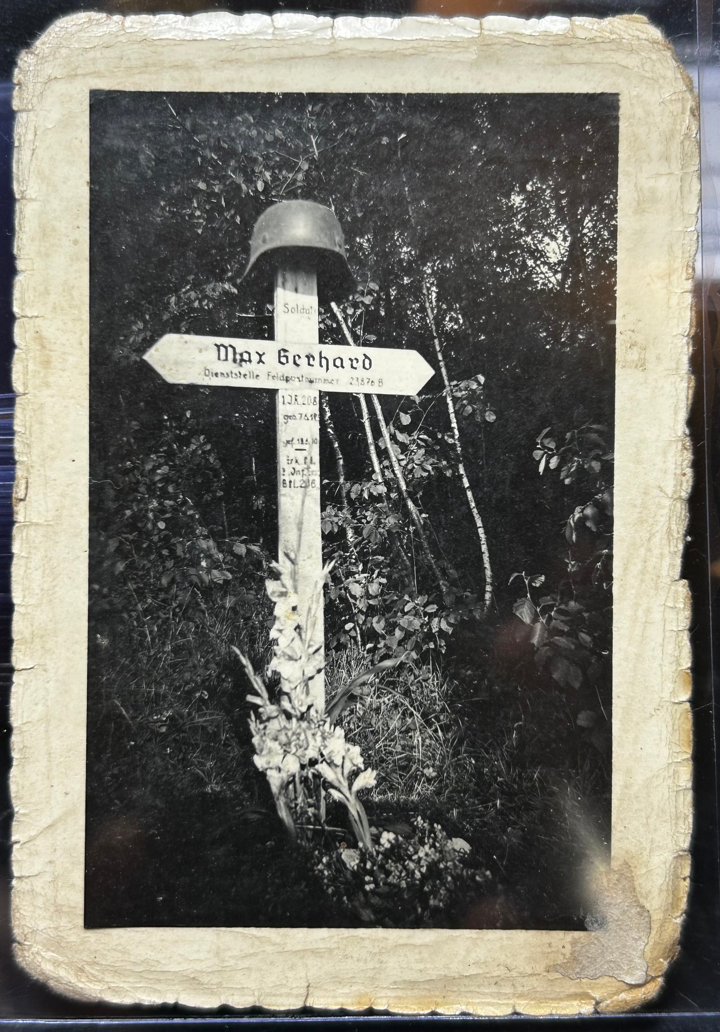 German WWII Photo Gravesite Of Fallen Troop “Max Gerhard” W/ Helmet On Cross