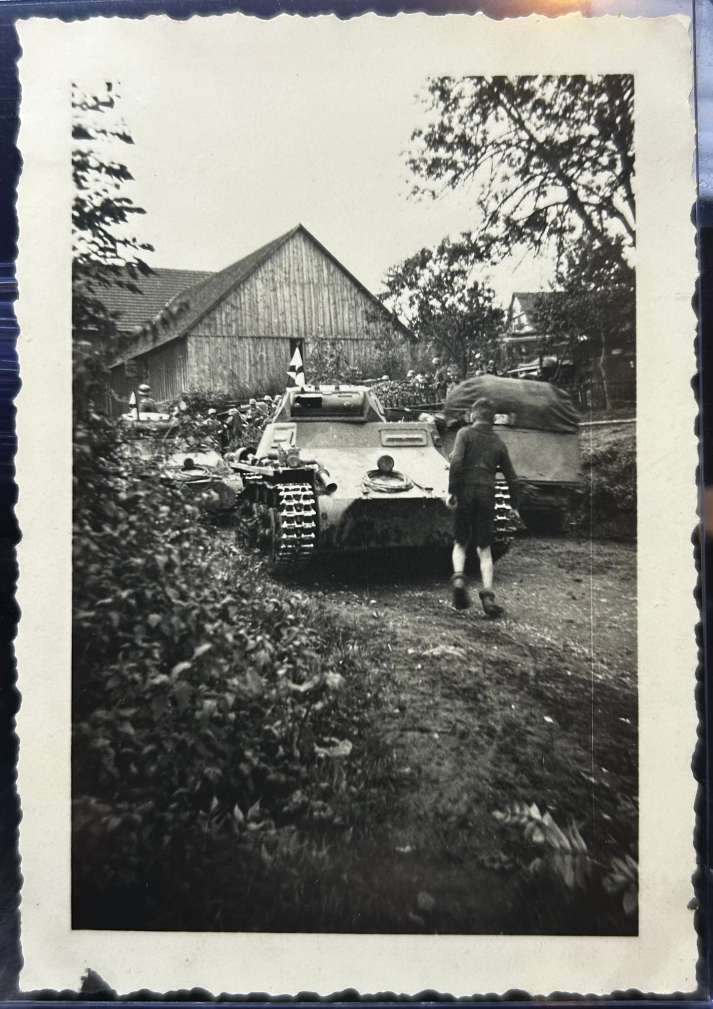 German WWII Photo Young Boy Staring at German Tanks/Panzers