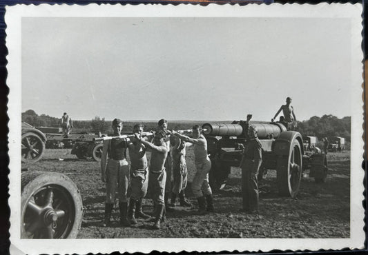 German WWII Photo Chores! Troops Cleaning out Artillery Barrel