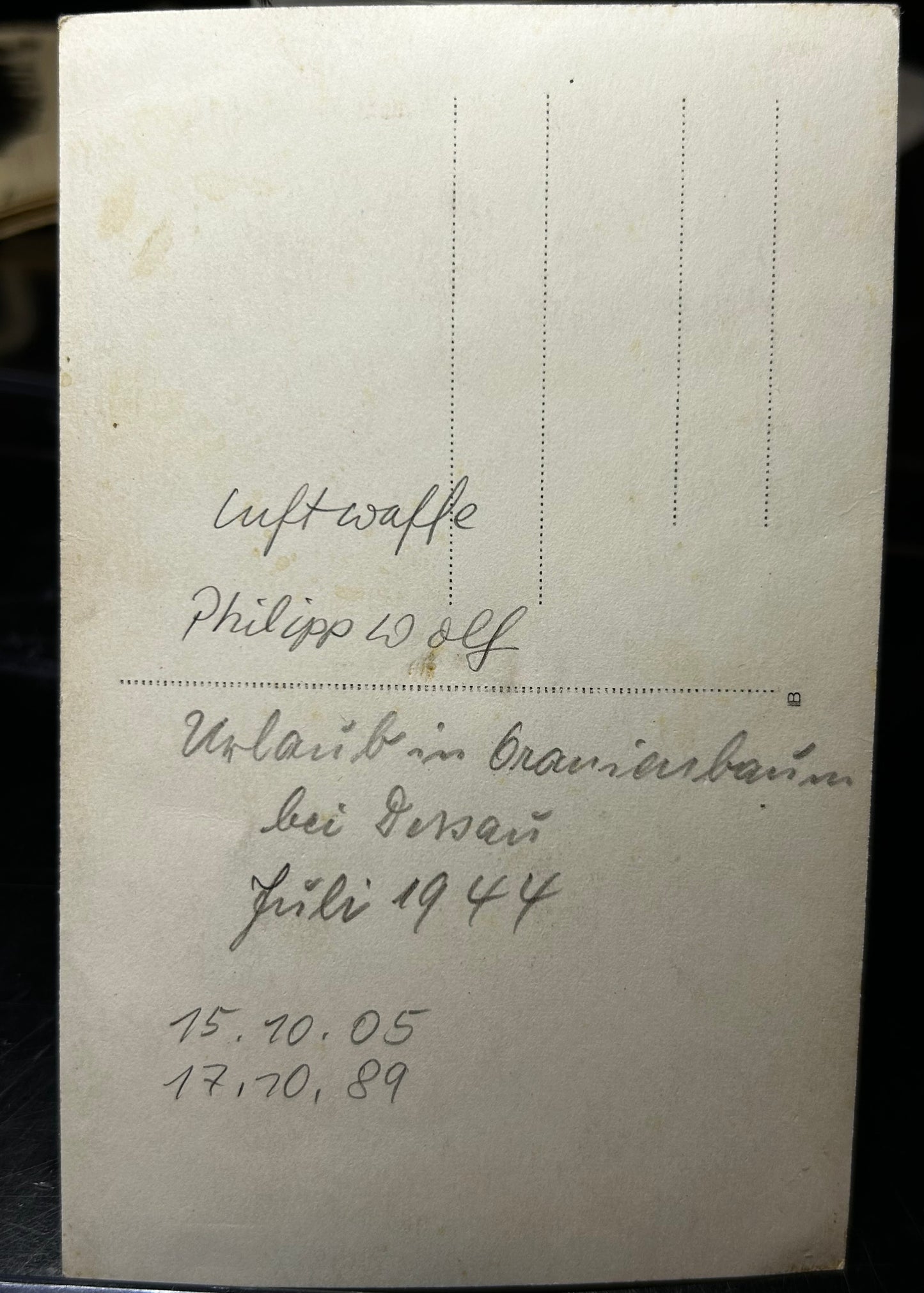 German WWII Luftwaffe Portrait Named/Dated On Back