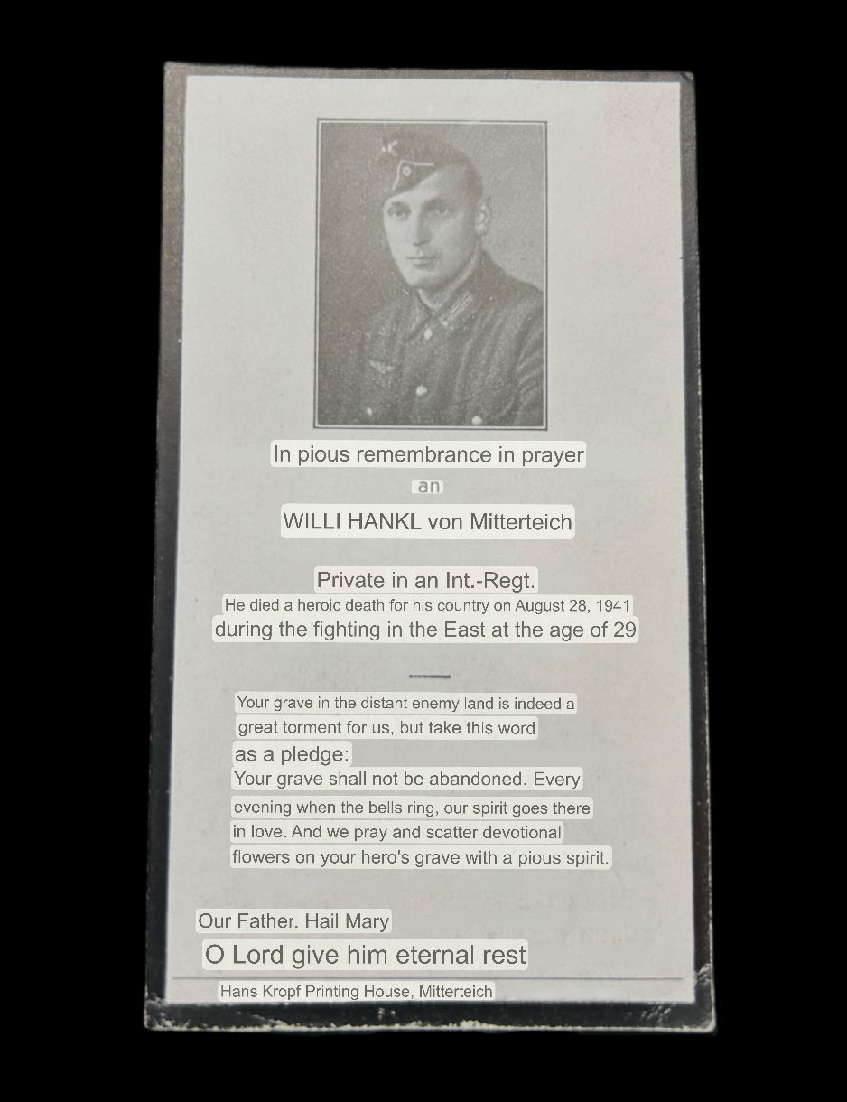 Heer Death Card To Pvt In An Infantry Rgt. Died In Russia