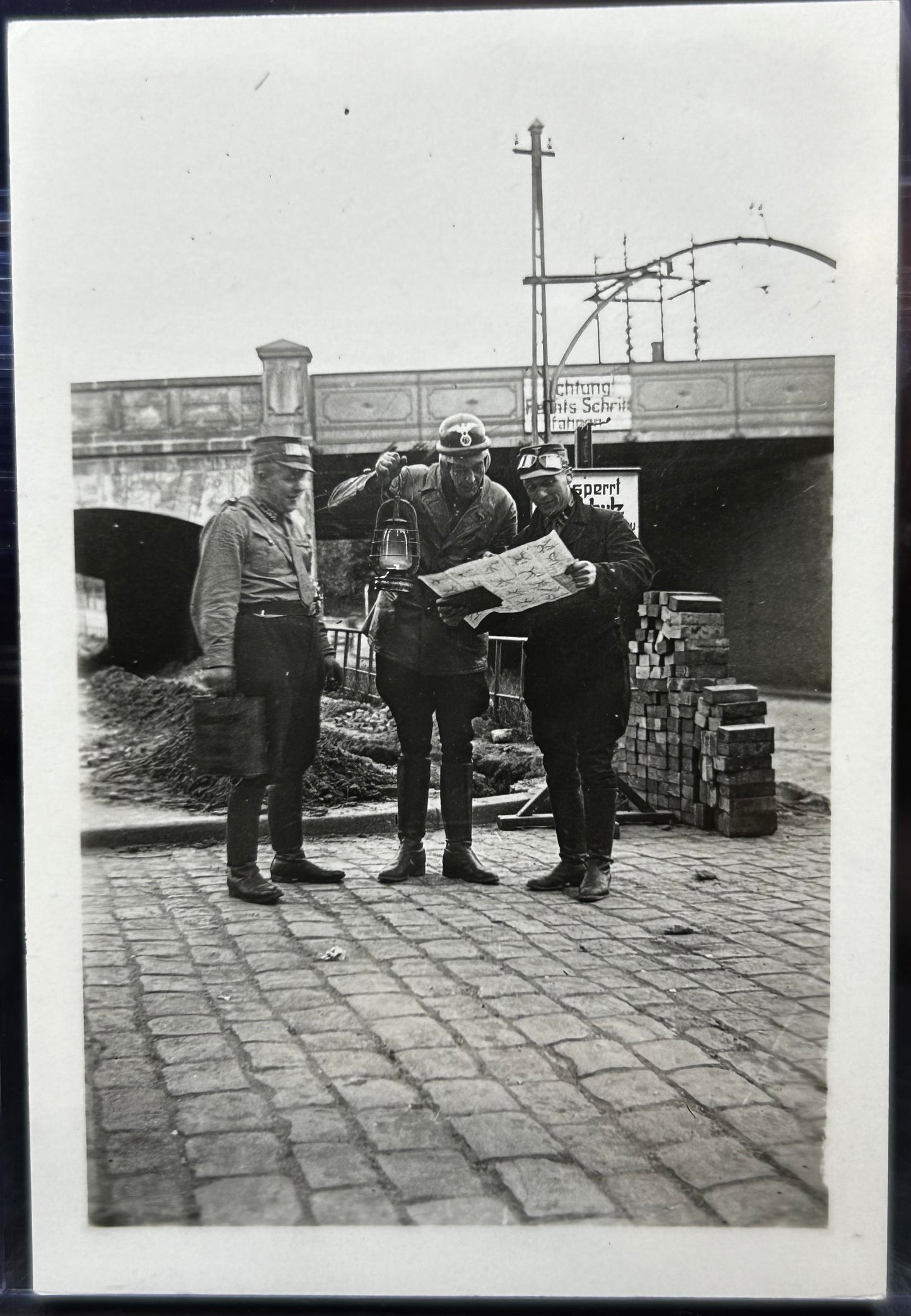 German WWII Photo Rare National Socialist Motorkorps (NSKK) Members Glancing Over A Map In Crash Helmets