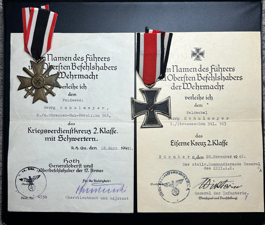 German WW2 Medal grouping named to Georg Schulmeyer 563rd Straßen Bau battalion (Road construction) Signed by General Wiktorin