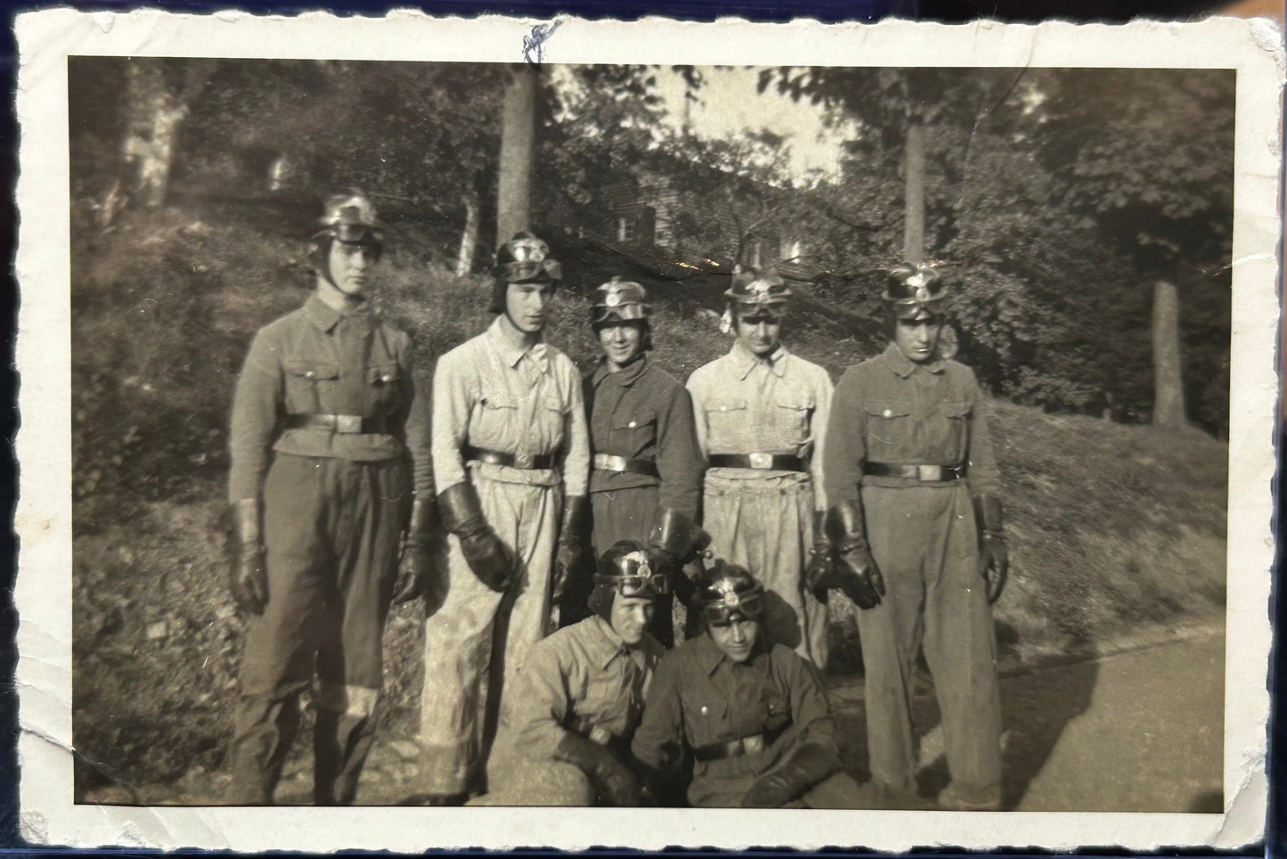 German WWII Photo Rare National Socialist Motor Korps Members (NSKK) Posing In Crash Helmets