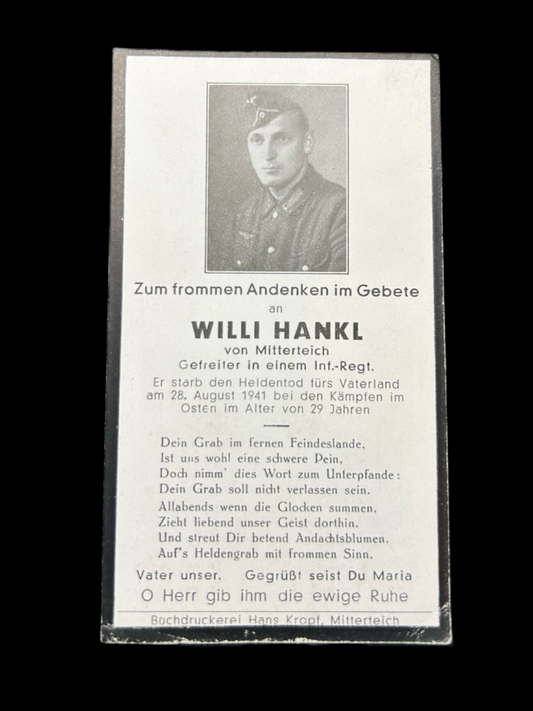 Heer Death Card To Pvt In An Infantry Rgt. Died In Russia